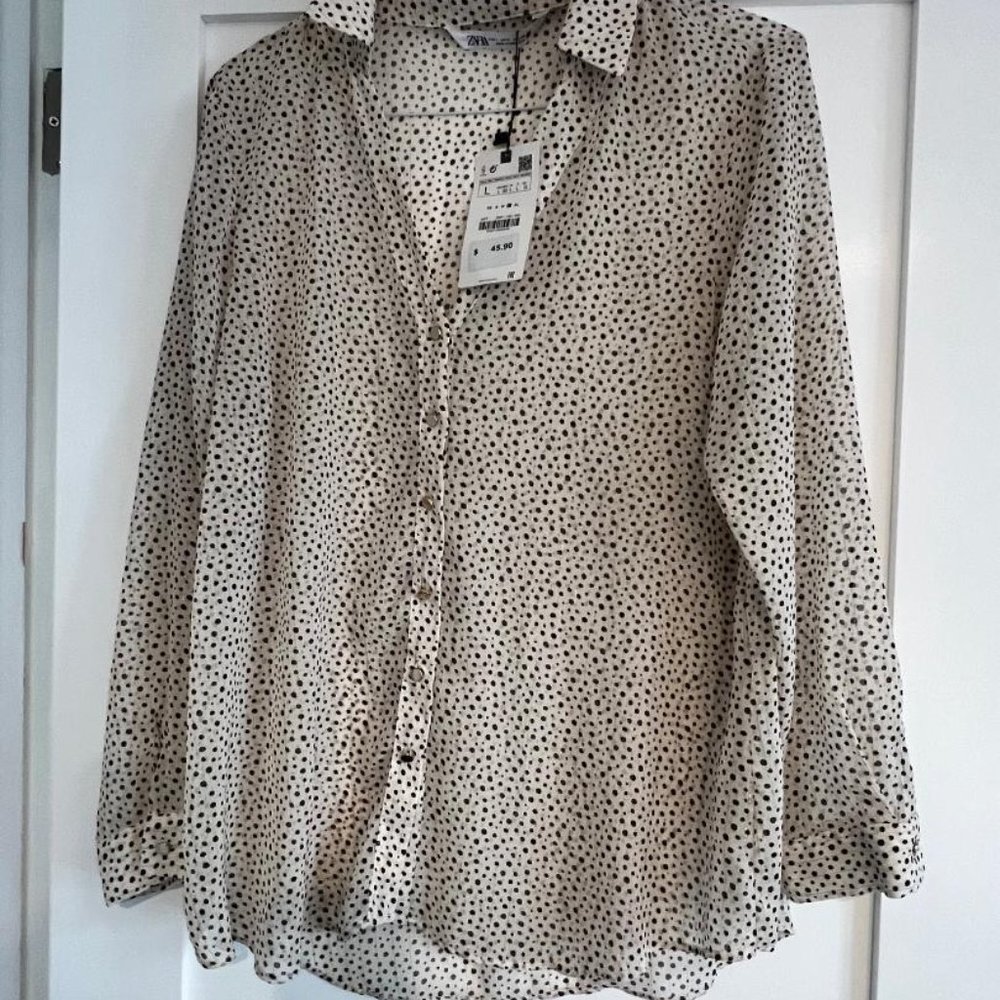 Zara, NWT, Blouse, sheer with black dots and gold thread and buttons Cream